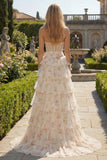 Strapless Pink Floral Corset A-Line Prom Dress With Ruffles