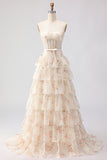 Strapless Pink Floral Corset A-Line Prom Dress With Ruffles