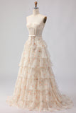 Strapless Pink Floral Corset A-Line Prom Dress With Ruffles