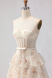 Strapless Pink Floral Corset A-Line Prom Dress With Ruffles