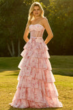 Strapless Pink Red Floral Corset Tiered Maxi Prom Dress