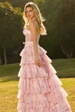 Strapless Pink Red Floral Corset Tiered Maxi Prom Dress