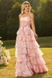 Strapless Pink Red Floral Corset Tiered Maxi Prom Dress