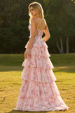 Strapless Pink Floral Corset A-Line Prom Dress With Ruffles