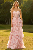 Strapless Pink Floral Corset A-Line Prom Dress With Ruffles