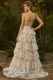 Strapless Pink Floral Corset A-Line Prom Dress With Ruffles