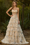 Yellow Blue Floral Strapless Corset Tiered Prom Dress