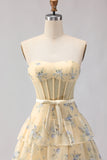 Strapless Pink Floral Corset A-Line Prom Dress With Ruffles