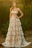 Strapless Pink Red Floral Corset Tiered Maxi Prom Dress