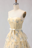 Strapless Pink Floral Corset A-Line Prom Dress With Ruffles