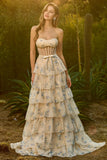 Strapless Pink Red Floral Corset Tiered Maxi Prom Dress