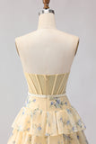 Strapless Pink Floral Corset A-Line Prom Dress With Ruffles