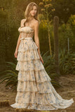 Strapless Pink Red Floral Corset Tiered Maxi Prom Dress