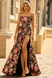 Strapless Corset Mermaid Black Red Floral Prom Dress