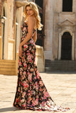 Strapless Corset Mermaid Black Red Floral Prom Dress