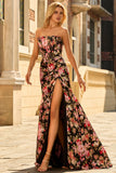 Strapless Corset Mermaid Black Red Floral Prom Dress