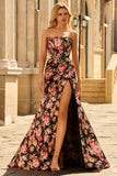 Strapless Corset Mermaid Black Red Floral Prom Dress