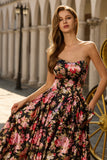 Strapless A Line Black Pink Floral Prom Dress