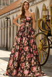 Strapless A Line Black Pink Floral Prom Dress