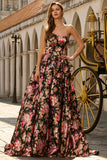 Strapless A Line Black Pink Floral Prom Dress