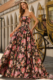 Strapless A Line Black Pink Floral Prom Dress