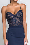 Navy Spaghetti Straps Corset Sheath Formal Dress with Lace Appliques