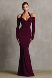 Burgundy Mermaid Halter Formal Dress with Long Sleeves