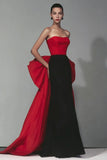 Black and Red Strapless Formal Dress With Bow Cape Train