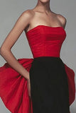 Black and Red Strapless Formal Dress With Bow Cape Train