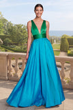 Green and Blue Color-Block A-Line Satin Formal Dress