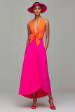 Orange and Fuchsia V-Neck A-Line Formal Dress With Bow