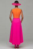 Orange and Fuchsia V-Neck A-Line Formal Dress With Bow