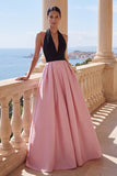 Black and Pink Halter A-Line Maxi Formal Dress