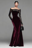 Burgundy Velvet Off The Shoulder Mermaid Formal Dress with Long Sleeves