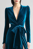 Dark Green Velvet Long Sleeve Formal Dress With Slit