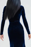 Navy Sheath Velvet Long Sleeve Formal Dress With Slit