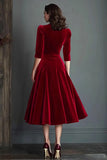 Burgundy Velvet A-Line V-Neck Midi Dress with Half Sleeves