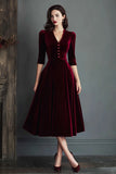Burgundy A-Line V-Neck Midi Velvet Dress with Half Sleeves