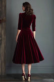 Burgundy A-Line V-Neck Midi Velvet Dress with Half Sleeves
