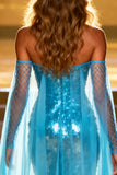 Blue Sequin Mermaid Sweetheart Maxi Pageant Dress With Overlay
