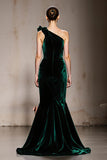 Mermaid One Shoulder Dark Green Velvet Evening Dress With Slit