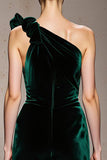 Mermaid One Shoulder Dark Green Velvet Evening Dress With Slit