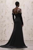 Black Off The Shoulder Long Sleeve Velvet Evening Dress With Lace