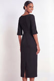 Black Bateau Neck Sheath Midi Formal Dress with Slit