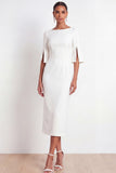 Black Bateau Neck Sheath Midi Formal Dress with Slit