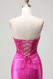 Fuchsia Mermaid Strapless Corset Prom Dress With Appliques