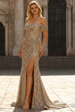 Sparkly Off the Shoulder Mermaid Ruched Champagne Prom Dress