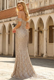 Sparkly Off the Shoulder Mermaid Ruched Champagne Prom Dress