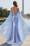Sparkly Cold Shoulder Mermaid Ruched Blue Prom Dress