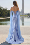 Sparkly Cold Shoulder Mermaid Ruched Blue Prom Dress